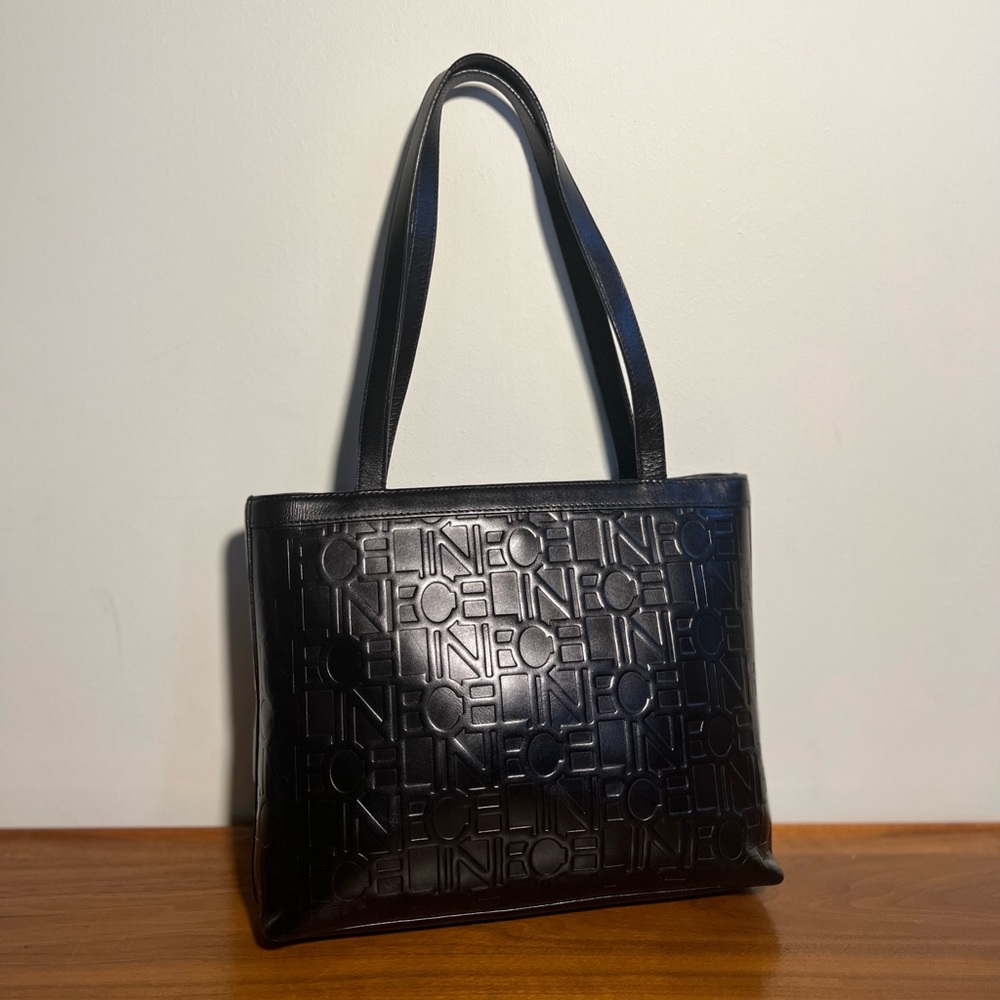 Celine Black Embossed Logo Leather Shoulder Bag
